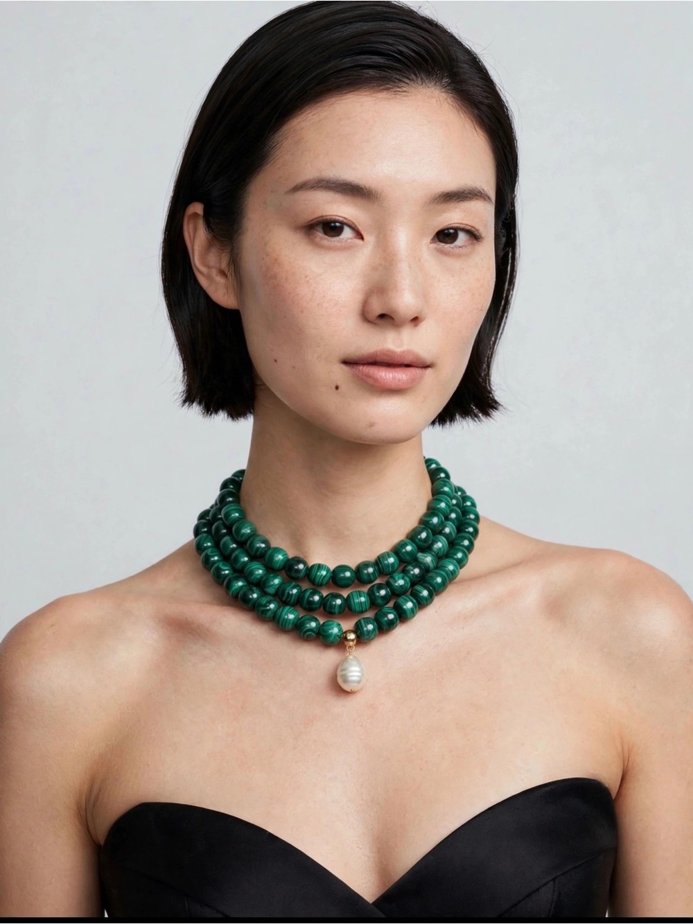 Green Multi-Strand Beaded Necklace with Pearl Pendant